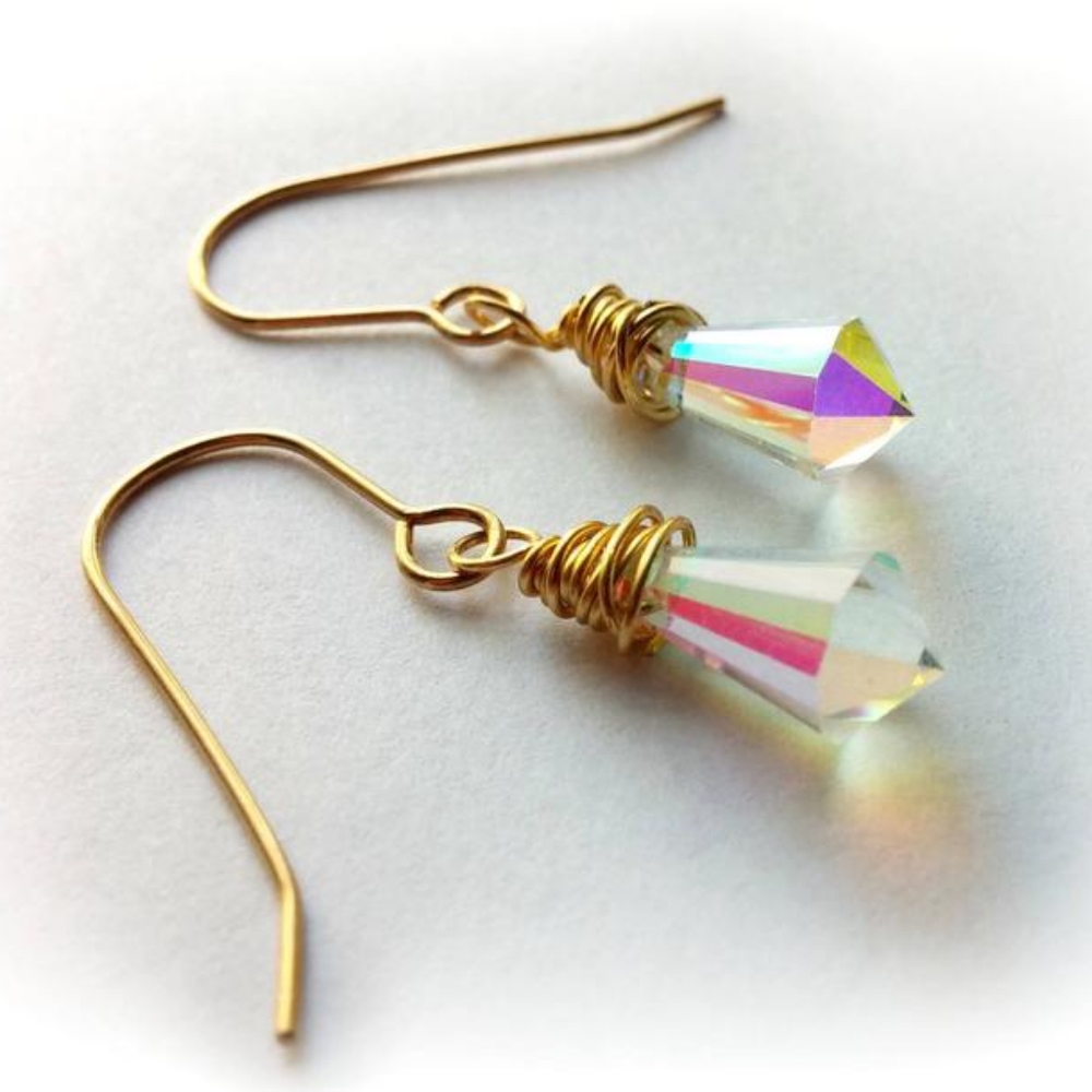 Handmade Wire Wrapped Crystal Drop Gold Earrings